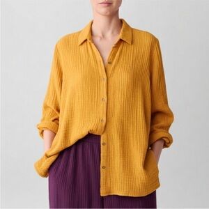 Eileen Fisher Tangerine Button-Front Gauze Shirt - XS
